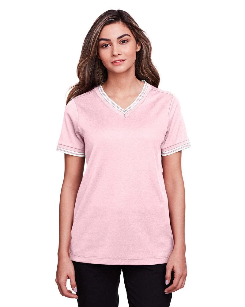 Devon & Jones DG20CW - Ladies CrownLux Performance Plaited Tipped V-Neck Polo 1 Devon & Jones DG20CW - Ladies CrownLux Performance Plaited Tipped V-Neck Polo